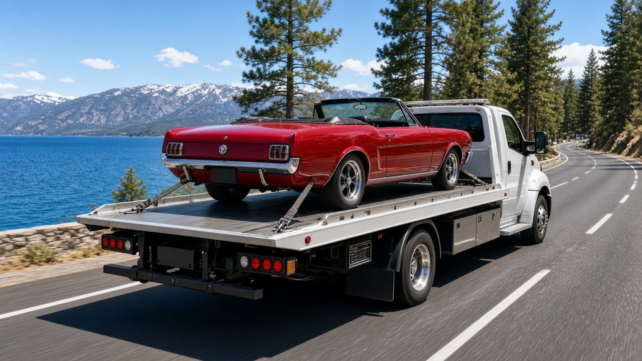 Red classic convertible secured on a flatbed tow truck along the Lake Tahoe shoreline