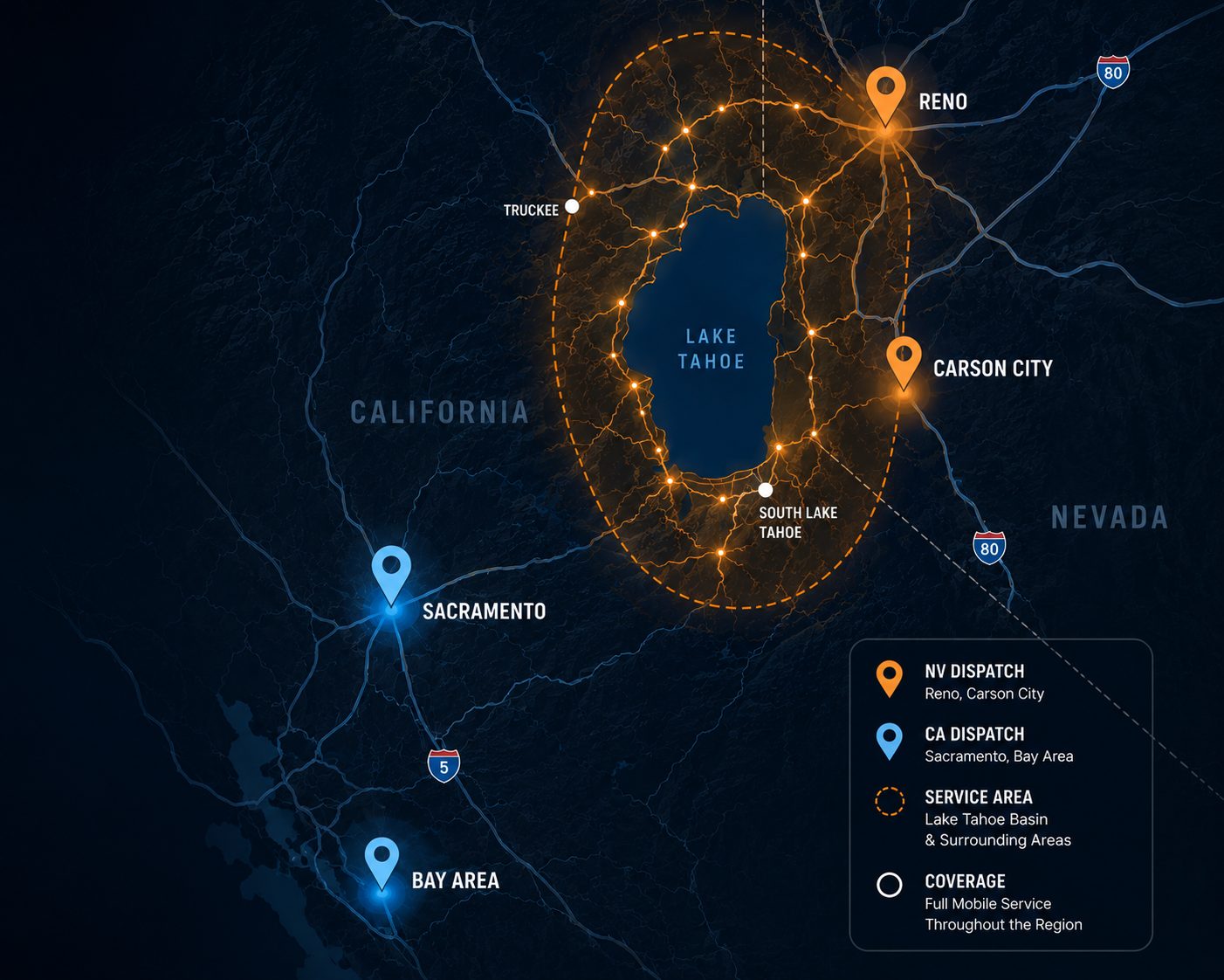 Tahoe Basin Towing dispatch coverage map showing Nevada and California service areas around Lake Tahoe