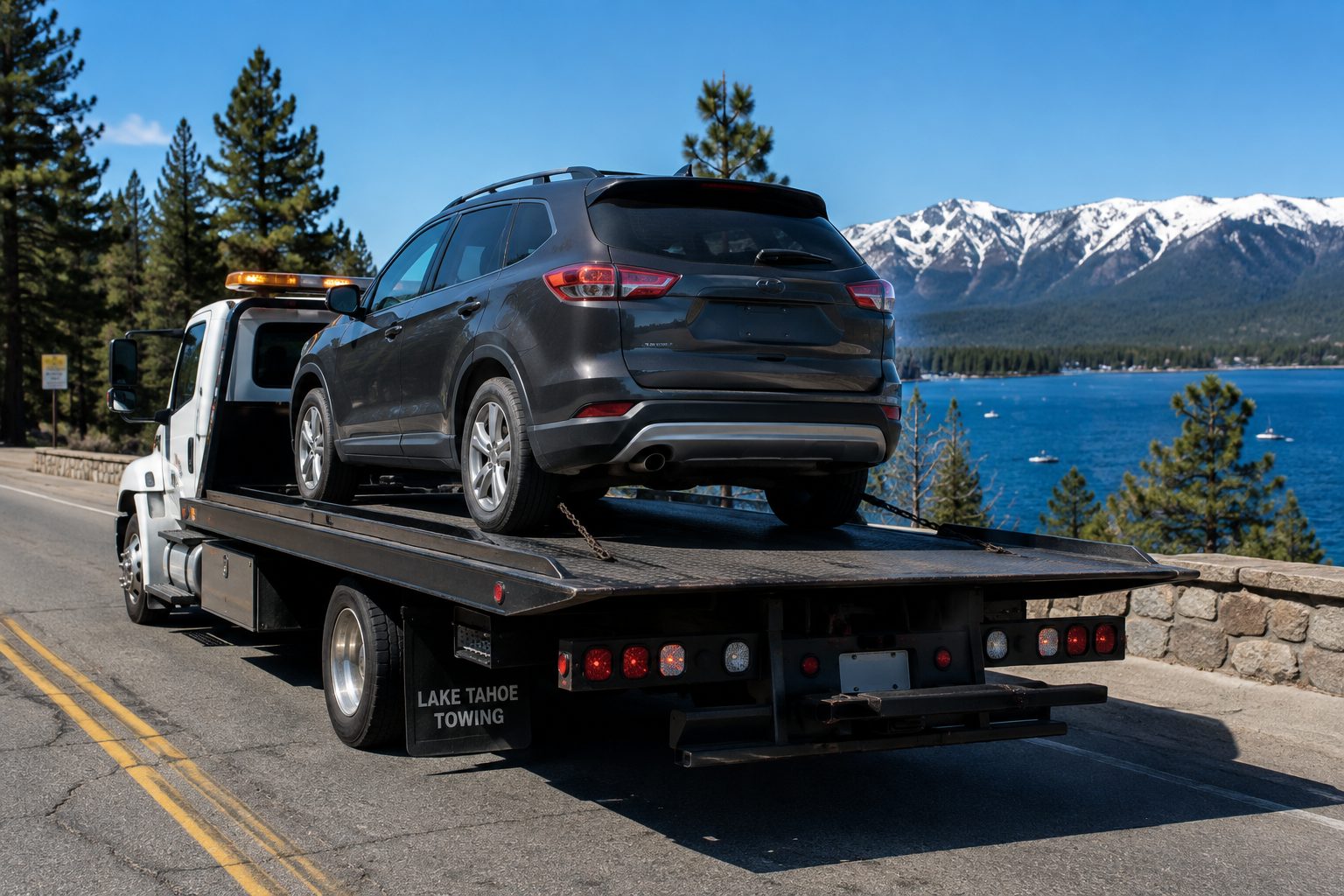 Vehicle loaded on a Tahoe Basin Towing flatbed with Lake Tahoe in the background
