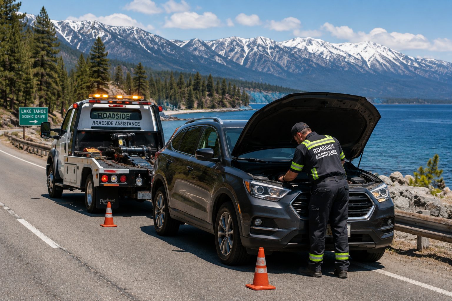 Tahoe Basin Towing roadside assistance technician helping a stranded driver at Lake Tahoe