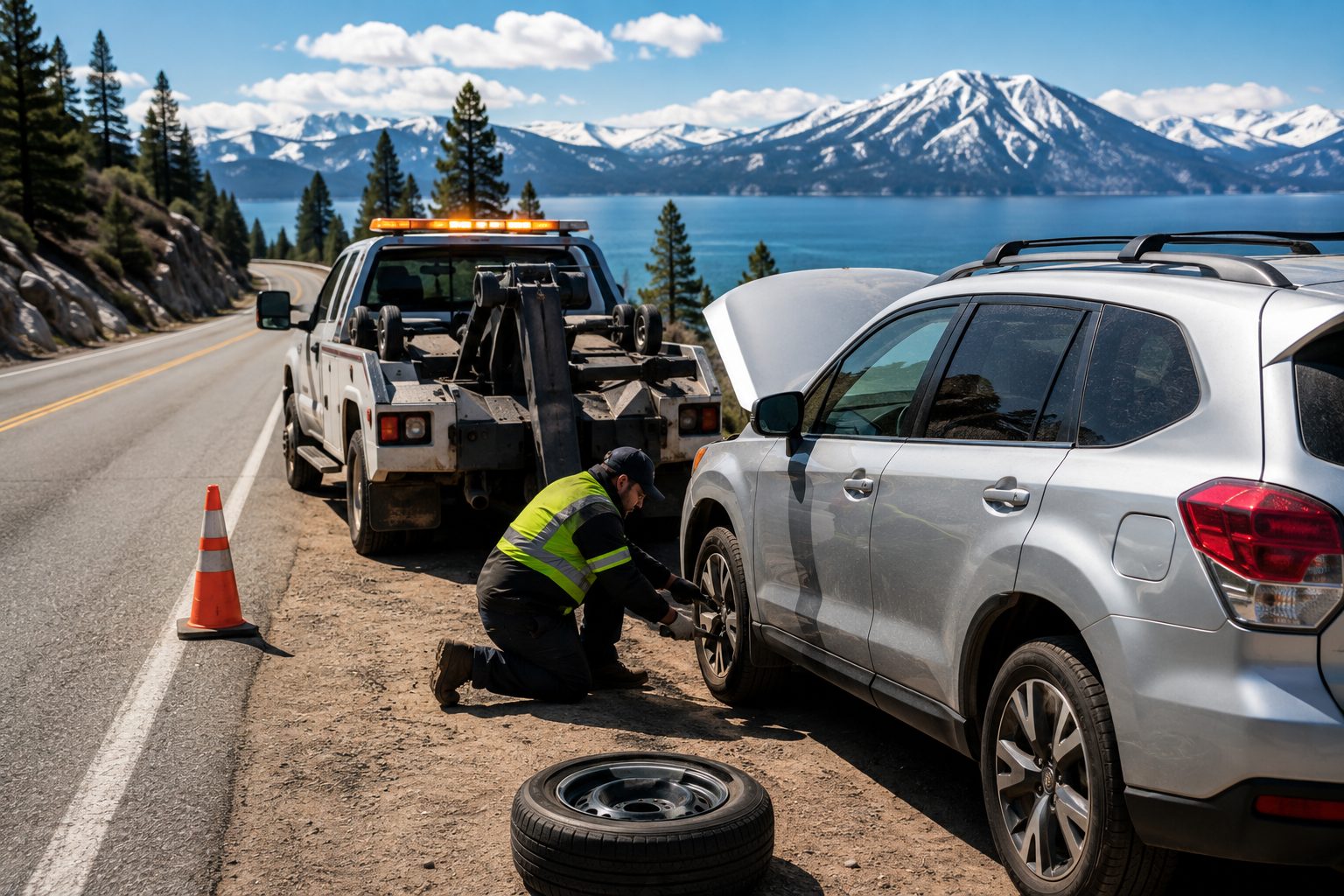 Flat Tire Change at Lake Tahoe &mdash; Tahoe Basin Towing